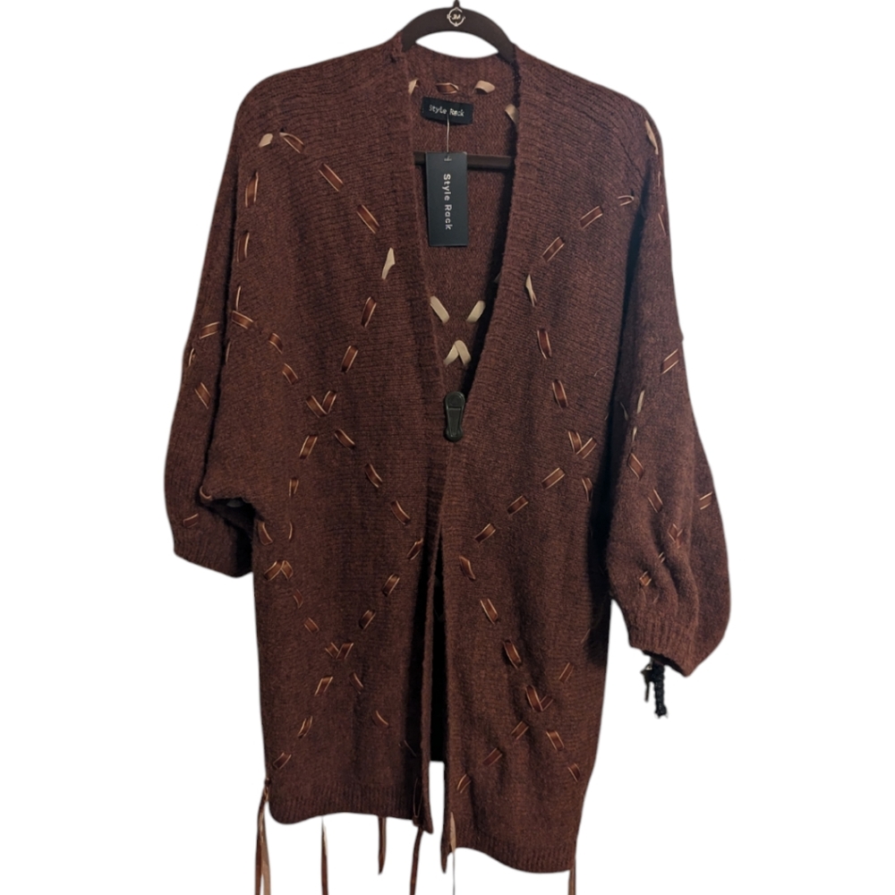 NWT Style Rack Chestnut Wool Blend Ribbon Accents Cardigan Sweater Women's L* - Picture 5 of 9